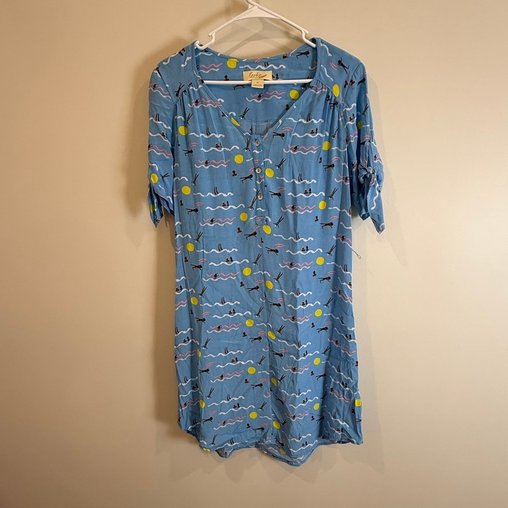 Larke XS Blue Swimmer Print Button Down‎ 3/4 Sleeve Casual Dress Women's